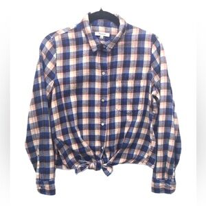 Madewell Women’s Size M Plaid‎ Flannel Tie Front Long Sleeve Shirt Pink & Blue